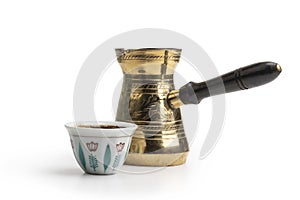 Traditional Arabic Coffee Mug and Coffee Cup, Turkish Coffee isolated on white, Clipping path