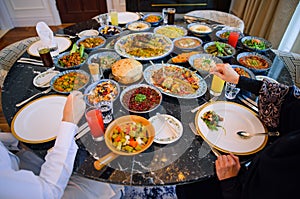 Traditional arabic dishes for iftar. Food table for muslim family
