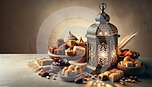 Traditional arabic Eid al Adha, Eid al Fitr sweets and maamul cookies with an elaborate Arabian lantern