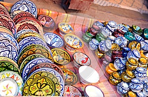 Traditional arabic handcrafted, colorful ed plates shot at the market