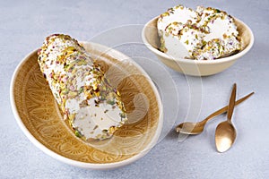 Traditional arabic ice cream with pistachio booza. Close up