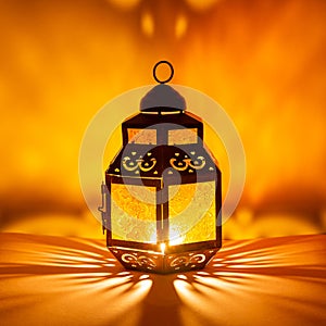 Traditional Arabic lantern lit up for celebrating the Holy Month of Ramadan in square format
