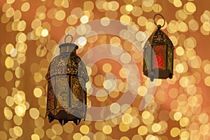 Traditional arabic lanterns lit up in Ramadan