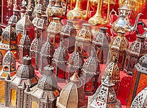 Traditional Arabic metal lights and kettles on the market