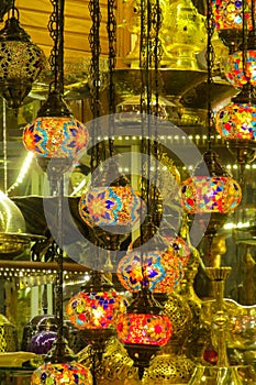 Traditional arabic style culorful lanterns at Grand Bazar market in Istanbul