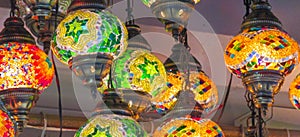 Traditional arabic style culorful lanterns at night market