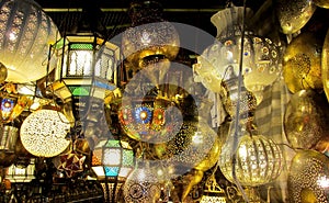 Traditional arabic style culorful lanterns at night market