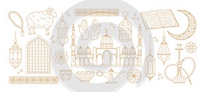 Traditional arabic symbols, golden line lantern and ornate borders. Sheep and muslim mosaic, floral decorative elements