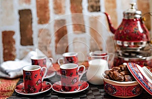 Traditional arabic tea set and dried dates. Gulf and arab style, ramadan style, ramadankaremm, ramadan karemm, - Imagen photo