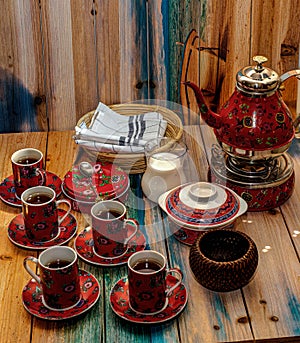 Traditional arabic tea set and dried dates. Gulf and arab style - Image photo