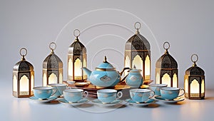 Traditional Arabic Tea Set with Lanterns on White Background, Warm and Inviting Atmosphere photo