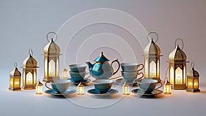 Traditional Arabic Tea Set with Lanterns on White Background, Warm and Inviting Atmosphere photo