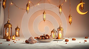 Traditional Arabic Tea Set with Lanterns on White Background, Warm and Inviting Atmosphere photo