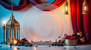 Traditional Arabic Tea Set with Lanterns on White Background, Warm and Inviting Atmosphere photo