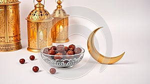 Traditional Arabic Tea Set with Lanterns on White Background, Warm and Inviting Atmosphere photo