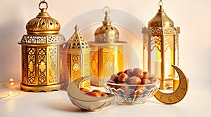 Traditional Arabic Tea Set with Lanterns on White Background, Warm and Inviting Atmosphere photo