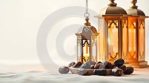 Traditional Arabic Tea Set with Lanterns on White Background, Warm and Inviting Atmosphere photo