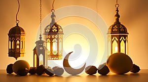 Traditional Arabic Tea Set with Lanterns on White Background, Warm and Inviting Atmosphere photo