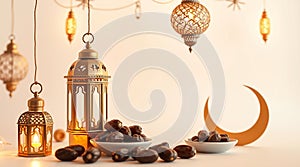 Traditional Arabic Tea Set with Lanterns on White Background, Warm and Inviting Atmosphere photo