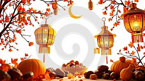 Traditional Arabic Tea Set with Lanterns on White Background, Warm and Inviting Atmosphere photo