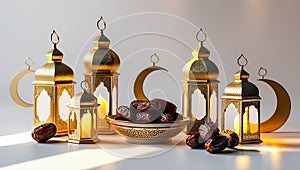 Traditional Arabic Tea Set with Lanterns on White Background, Warm and Inviting Atmosphere photo