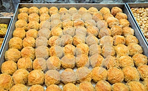 Traditional arabic and turkish sweets pastry sold at local market