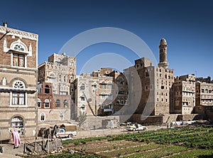 Traditional architecture buildings view in sanaa city old town in yemen