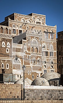 Traditional architecture buildings view in sanaa city old town in yemen