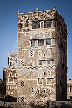 Traditional architecture buildings view in sanaa city old town in yemen