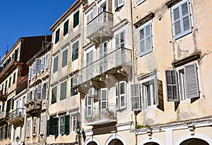 Traditional architecture of Corfu town, Grece. Close-up of the facade of an old buildings