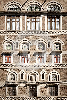 Traditional architecture details in sanaa old town buildings in yemen