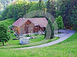 Traditional architecture and farmhouses on the slopes of the Alpstein massif and in the Rhine valley Rheintal, Gams