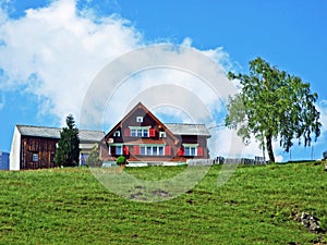 Traditional architecture and farmhouses on the slopes of the Alpstein massif and in the Rhine valley Rheintal, Gams