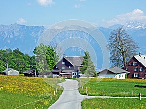 Traditional architecture and farmhouses on the slopes of the Alpstein massif and in the Rhine valley Rheintal, Gams