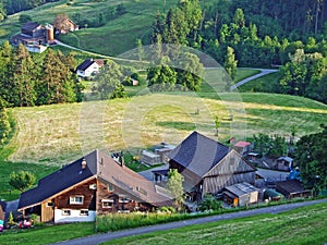 Traditional architecture and farmhouses on the slopes of the Alpstein massif and in the Rhine valley Rheintal, Gams