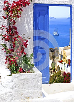 Traditional architecture of Oia village on Santorini island, Greece