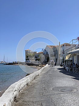 Traditional architecture in Spetses seafront, Greece.- stock photo