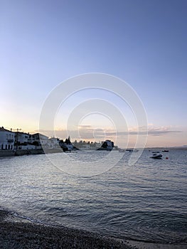 Traditional architecture in Spetses seafront, Greece. sunset- stock photo