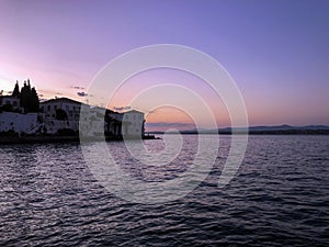 Traditional architecture in Spetses seafront, Greece. sunset- stock photo