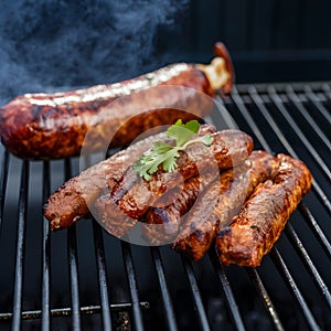 Traditional Argentine cuisine sausage and cow ribs on the grill photo