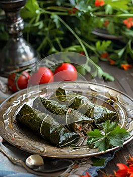 Traditional Armenian dolma made with stuffed grape leaves filled with a savory mixture of minced meat, rice, and