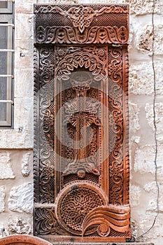 Traditional Armenian Khachkar, cross-stone art, sacred cross, carved rock found in Jerusalem