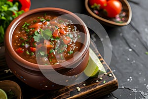 Traditional armenian spicy adjika sauce with hot pepper, paprika, tomatoes, garlic and parsley on rustic photo