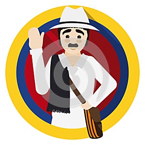 Traditional arriero paisa inside button with Colombian flag colors, Vector illustration