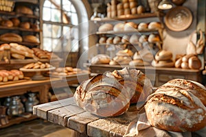 Traditional Artisan Bakery Full of Freshly Baked Bread Loaves with Rustic Interior Decor
