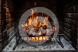 Traditional asado grilling in an ancient, rustic fireplace photo