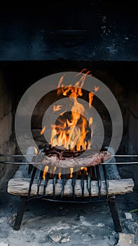 Traditional asado grilling in an ancient, rustic fireplace photo