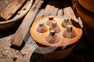 Traditional asian clay pots and stoves. selective focus