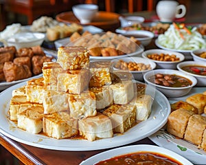 Traditional Asian Cuisine Selection with Fried Tofu Cubes, Side Dishes, and Condiments on a Dining Table