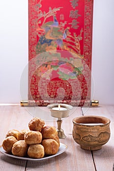 Asian traditional dish. Mongolian, Kalmyk, Buryat, Tibetan, Tuvan tea. Tea with milk, salt, butter, nutmeg, Bay leaf, black pepper photo